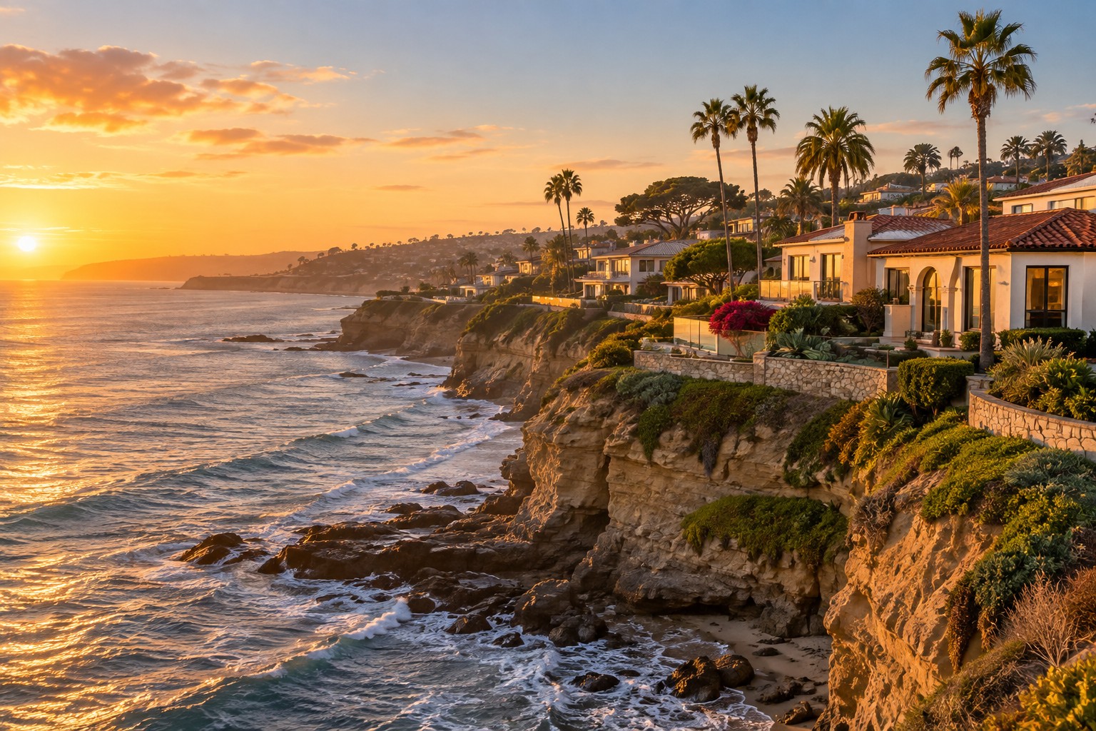 A La Jolla coastal bluff neighborhood at golden hour, illustrative