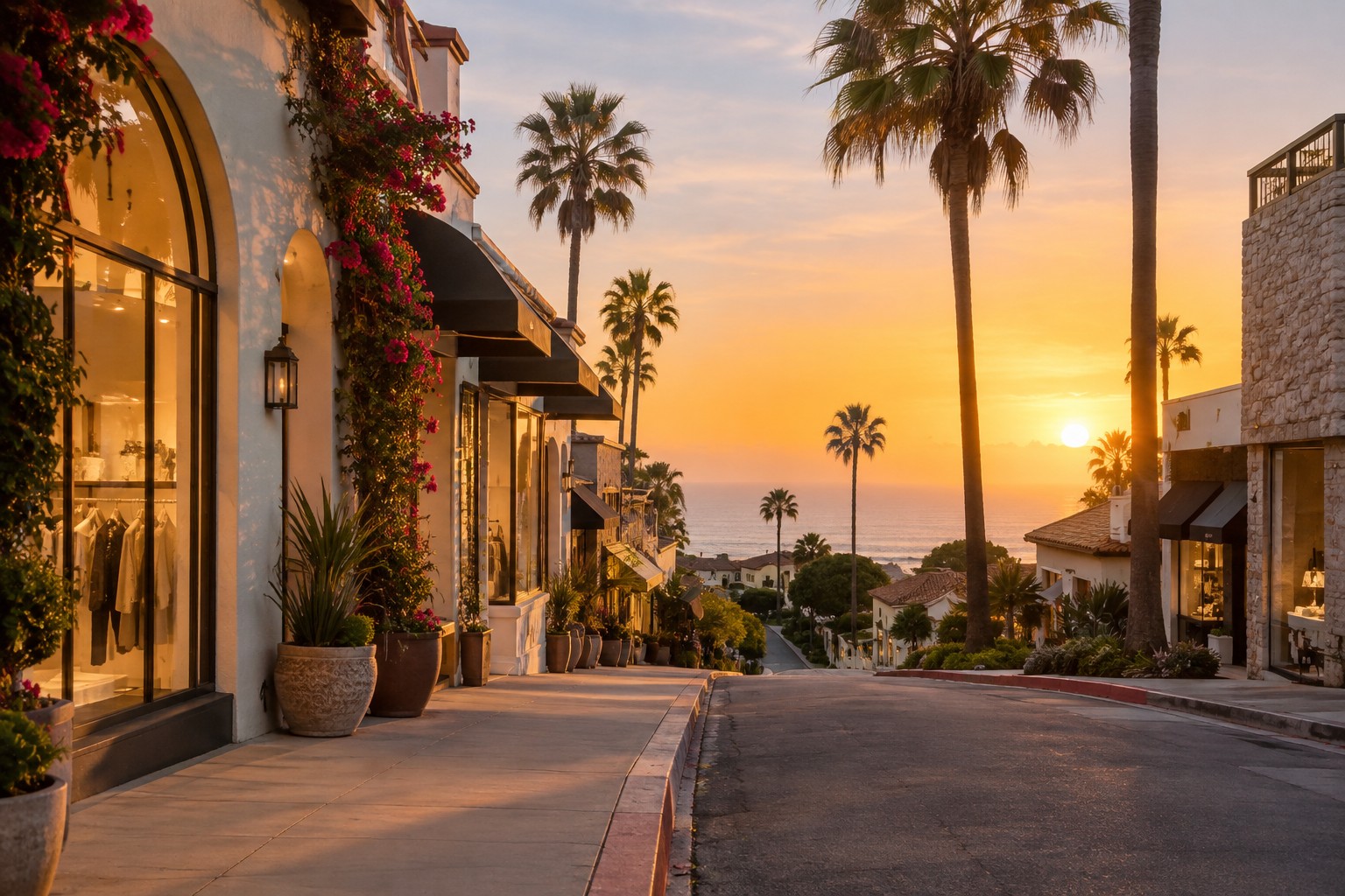 A La Jolla street at sunset, illustrative