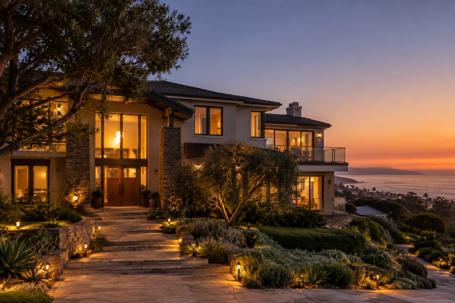 A La Jolla home exterior at dusk, illustrative