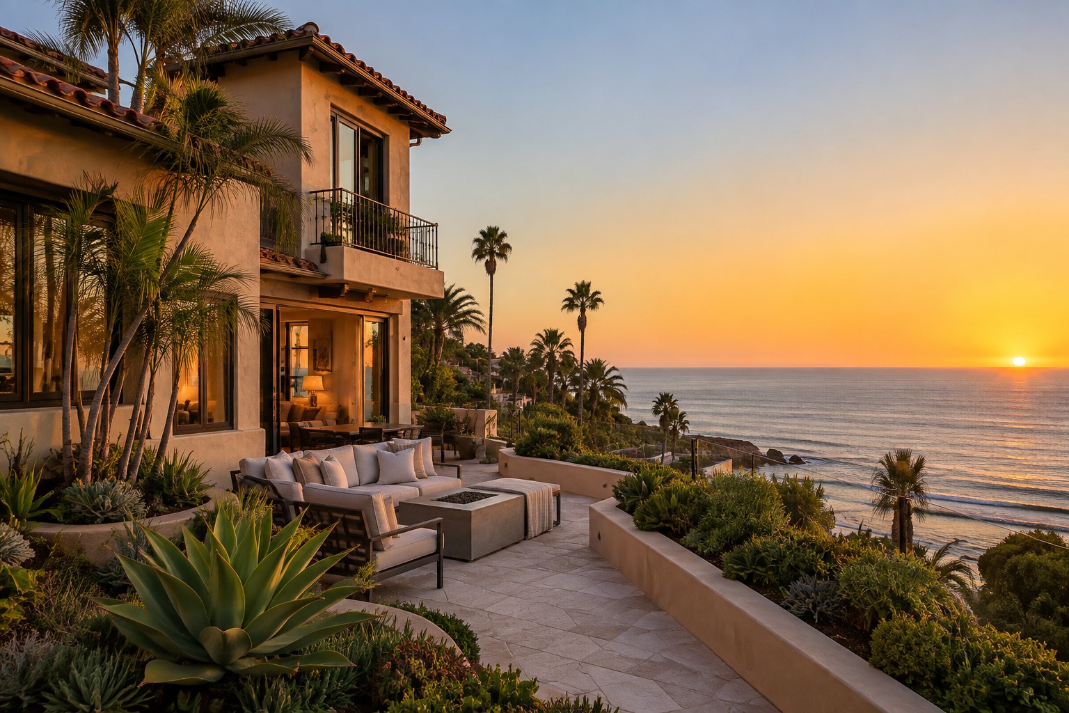 A La Jolla coastal home exterior at golden hour, illustrative